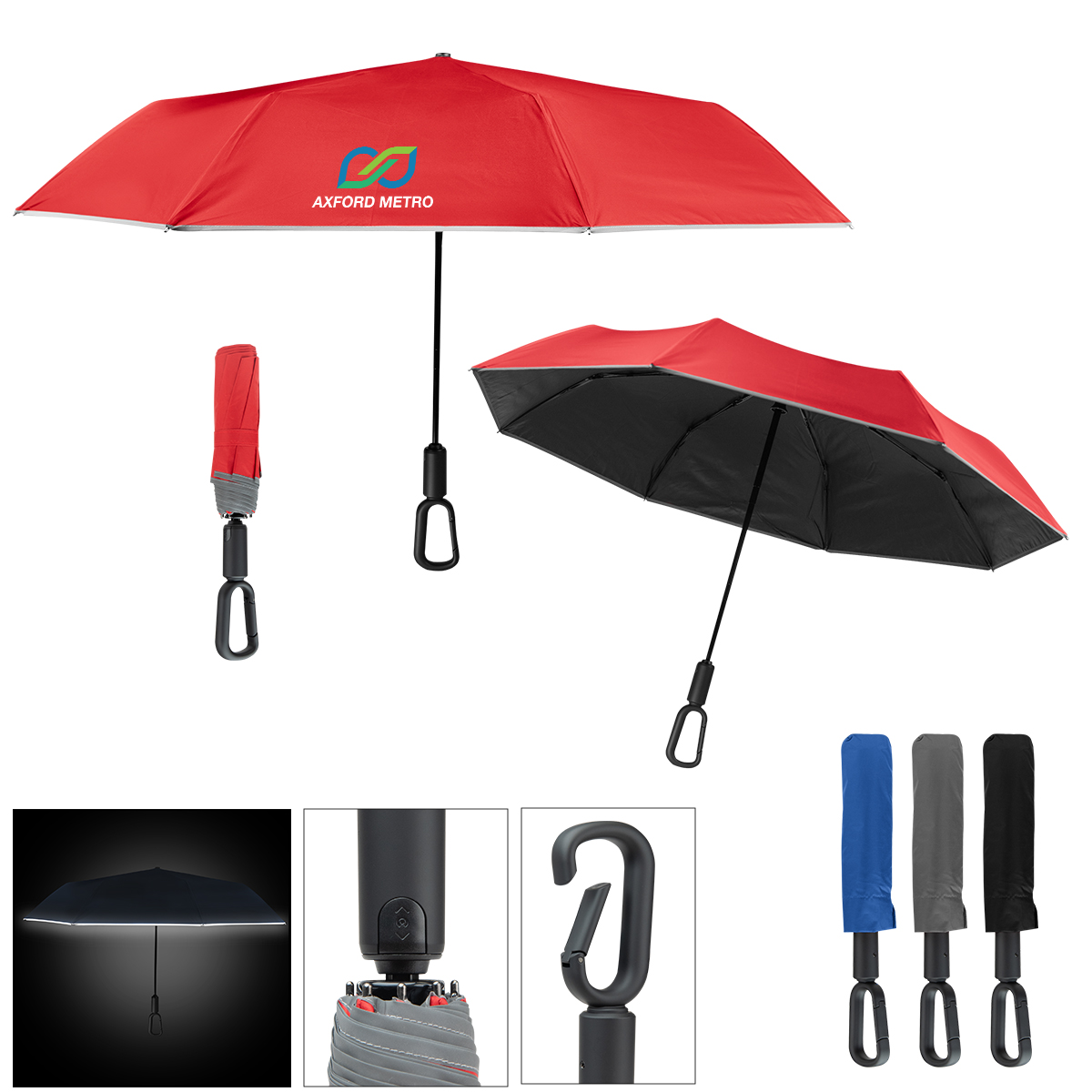 46&#34; Arc Reflective Umbrella With Carabiner Handle-HIT