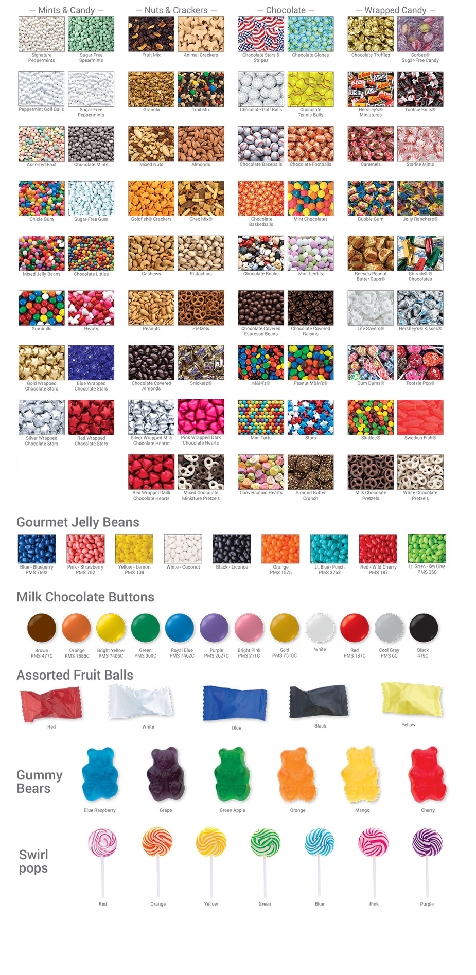 Standard Flavors & Fillings | Gourmet Jelly Beans | Candy Beads | Milk Chocolate Buttons | Assorted Fruit Balls | Gummy Bears | Swirl Pops